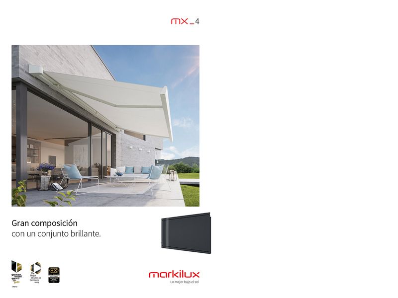 Captura de pantalla de una página de folleto markilux mostrando un markilux MX-4 ampliado en color "crema" con marco blanco.